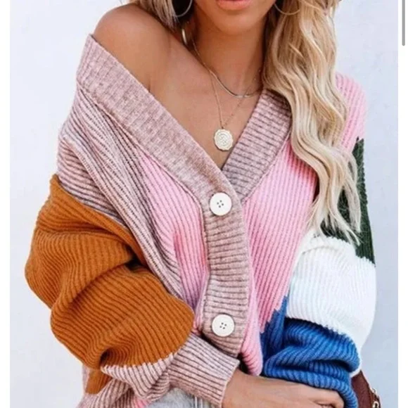 Color Block Button Front Oversized Knit Chunky Sweater Cardigan Slouchy Jacket - Picture 2 of 8